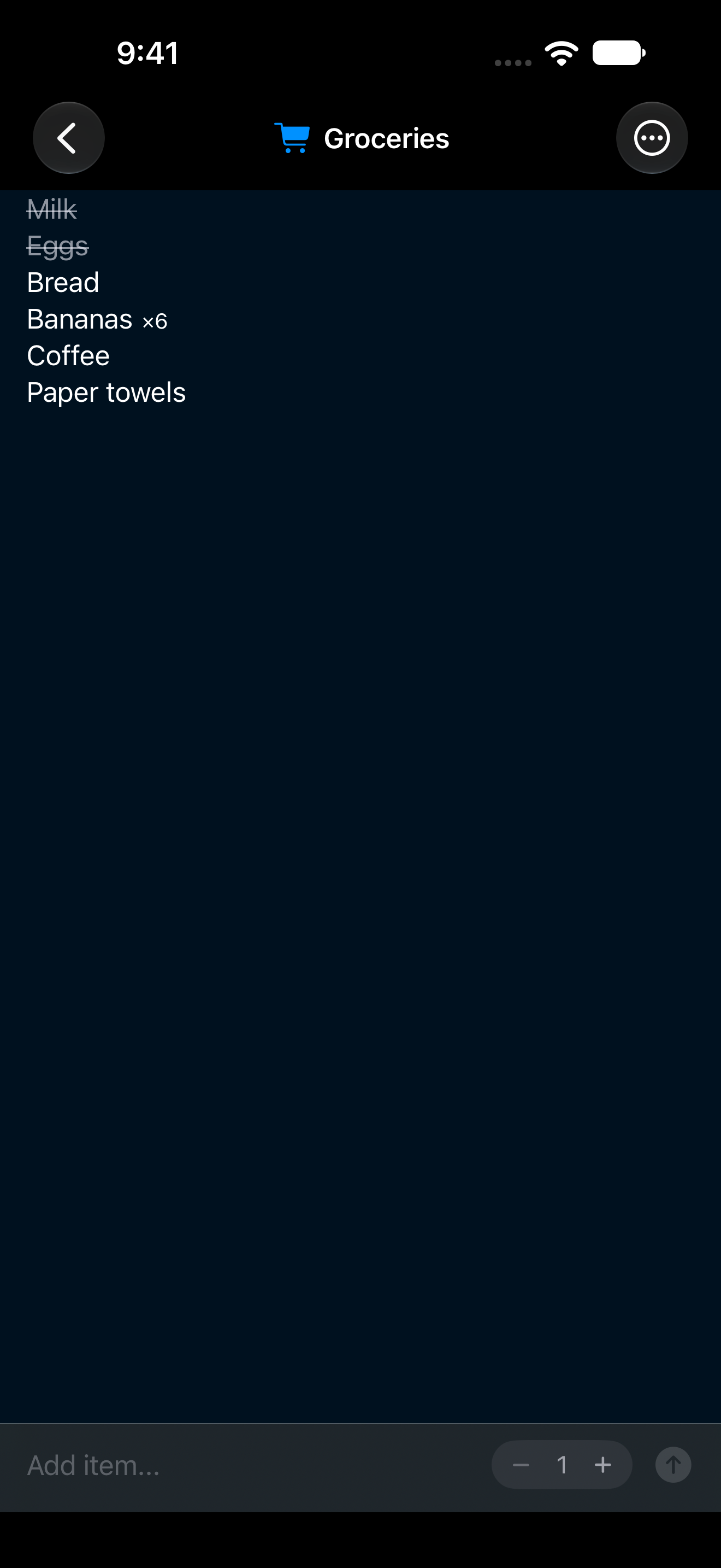 A Groceries list open in UniversaList in dark mode