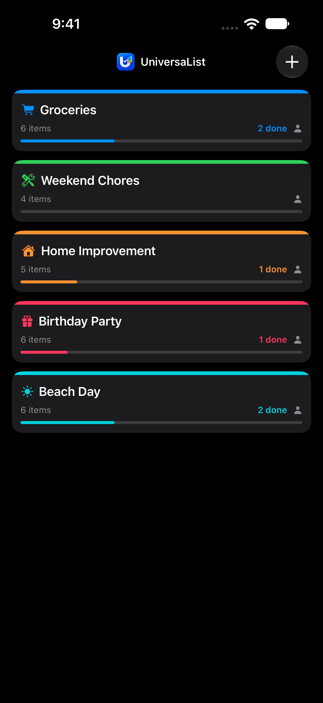 UniversaList in dark mode showing the same five lists