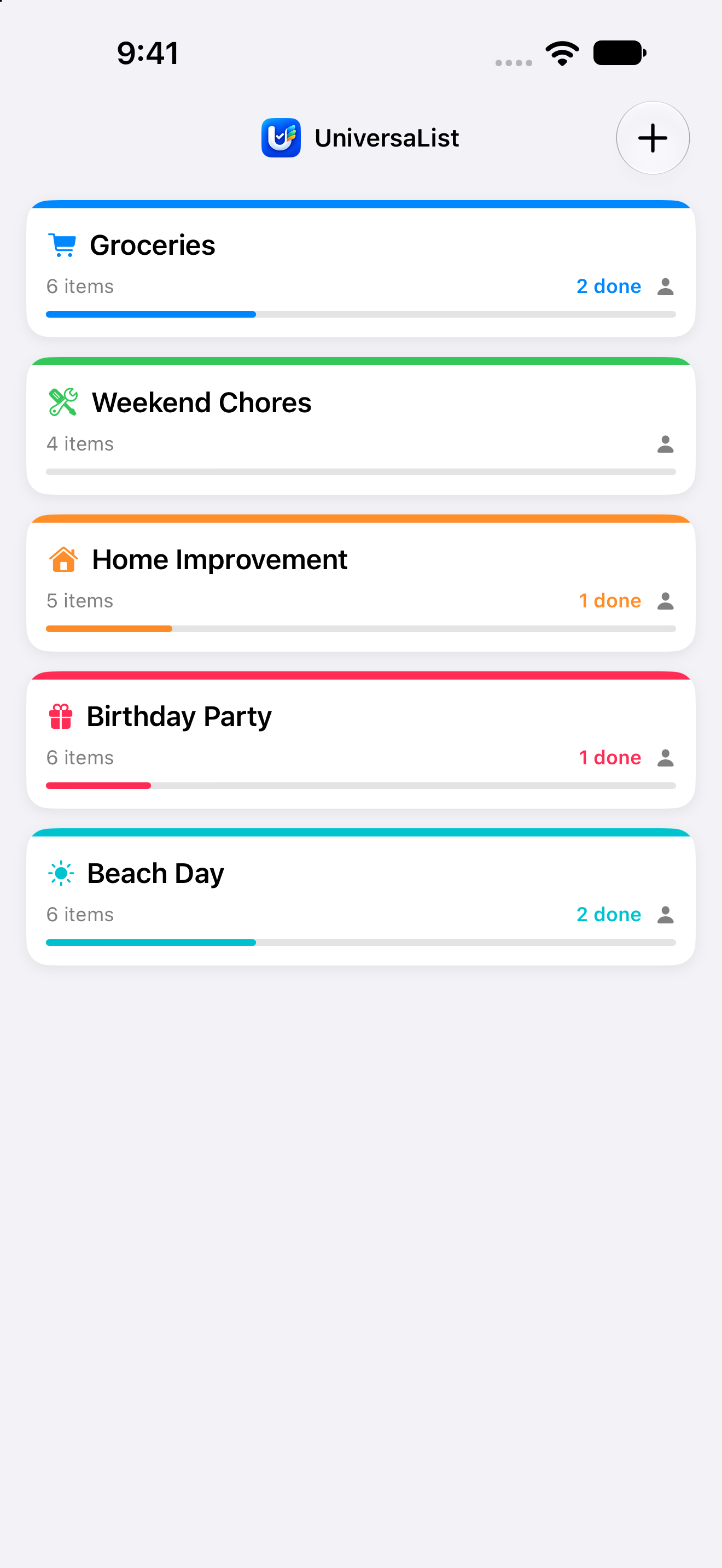 UniversaList showing five lists: Groceries, Weekend Chores, Home Improvement, Birthday Party, and Beach Day